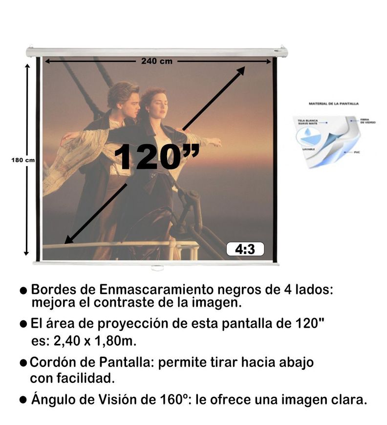 Telon Mural 2.40mx1.80m 4:3 120 pulg. para Benq MW826STH Blanco