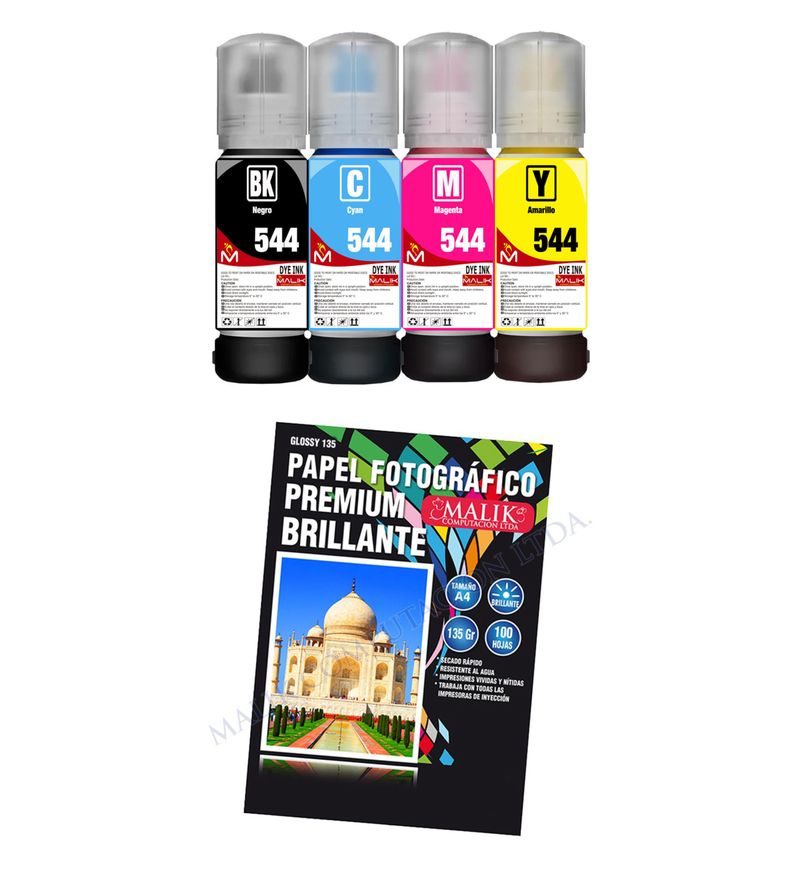 Papel Glossy 135gm 100 hojas + 4 Tintas para Epsn L575