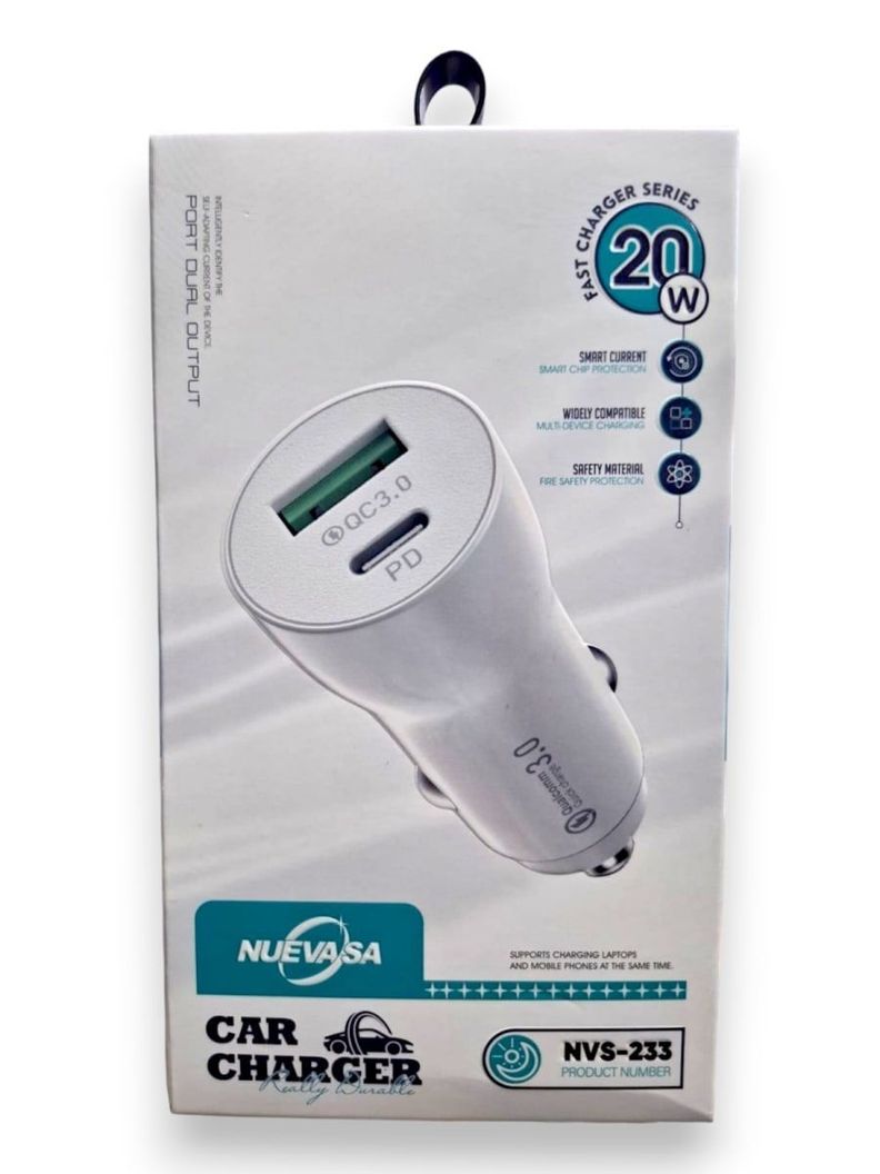 Cargador Auto Usb Y Tipo C 12v-24v Carga Rápida 20w Mini QC3.0 NVS- 233-1
