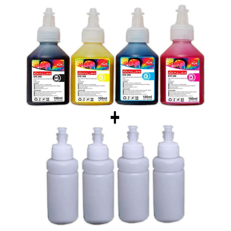Pack 4 Tintas + 4 Botellas vacias para Canon Pixma G3100 Surtido