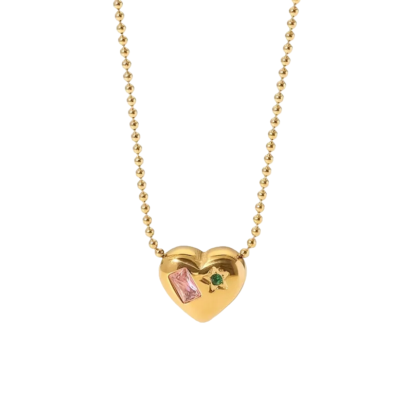 Collar Corazón Oro 18k bañado Gemas Juvenil Mujer-0