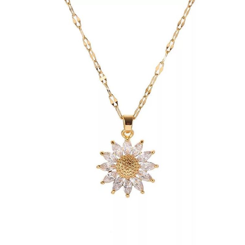 Collar Flor Girasol Con Cristales Oro 18kt Baño-0