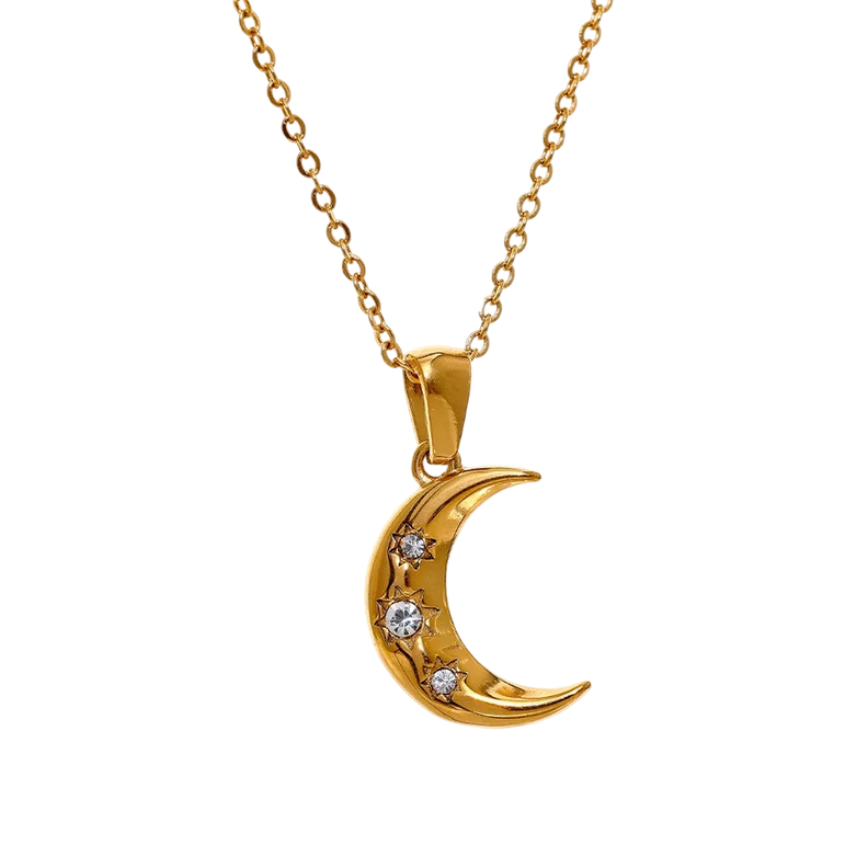 Collar Media Luna Oro 18kt Bañado Diamantes Muje-0