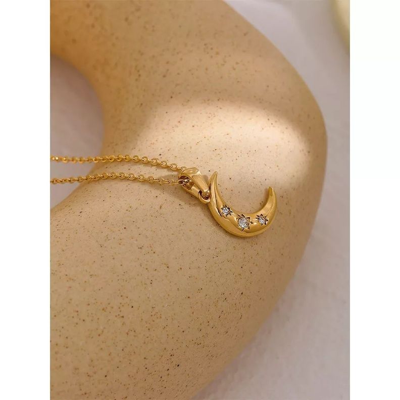 Collar Media Luna Oro 18kt Bañado Diamantes Muje-2
