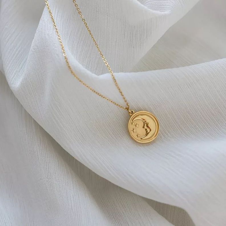Collar Medalla Luna Estrella Mujer Oro 18kt Baño sello 18k -3