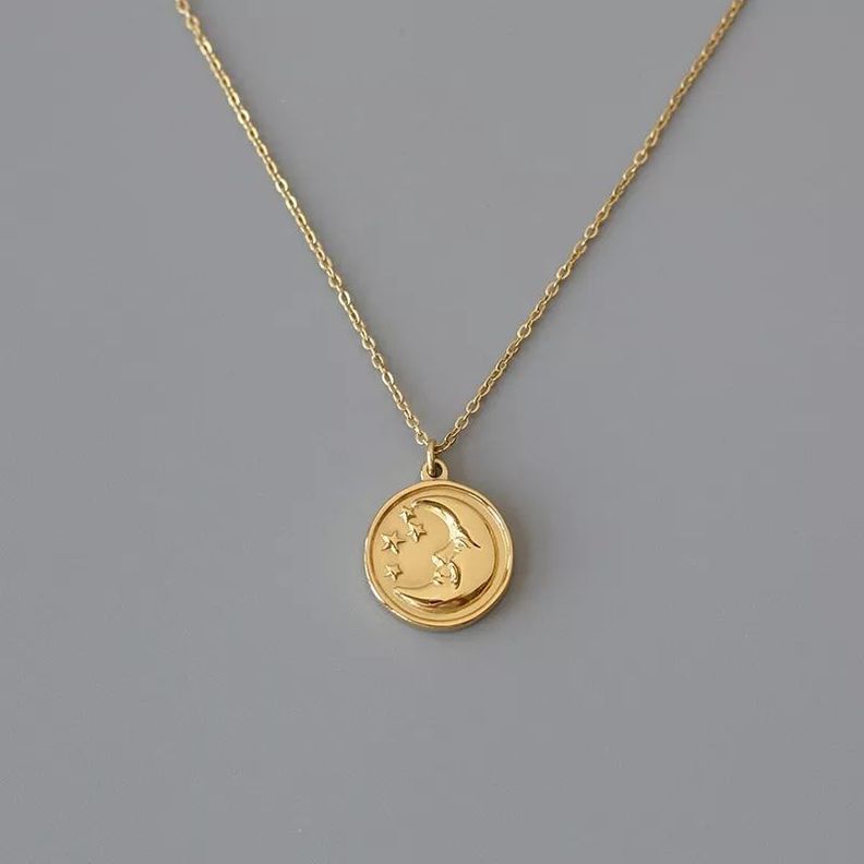 Collar Medalla Luna Estrella Mujer Oro 18kt Baño sello 18k -5