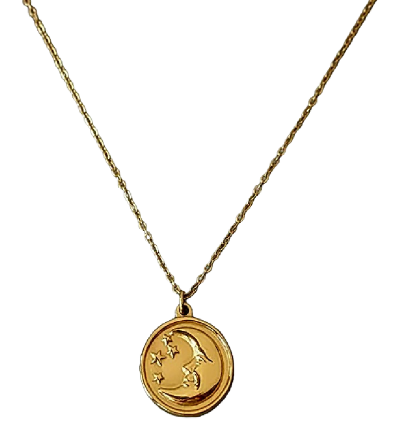 Collar Medalla Luna Estrella Mujer Oro 18kt Baño sello 18k -0