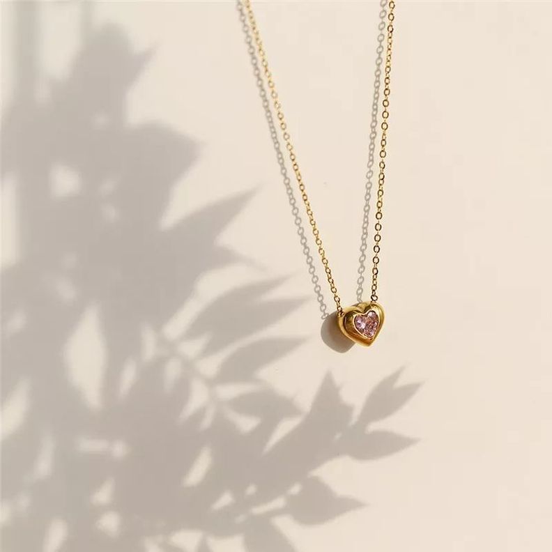 Collar Oro 18k Corazón Cristal Rosa Austriaco LUXURYJOYAS-1
