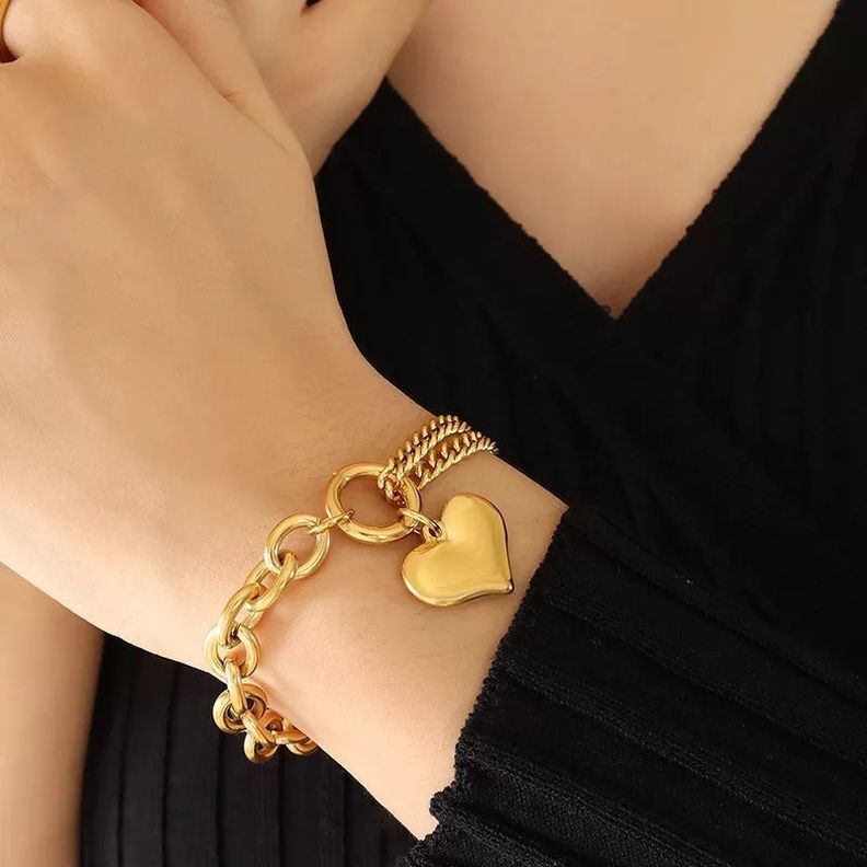 Pulsera Oro 18kt Bañado Corazón Colgante-2