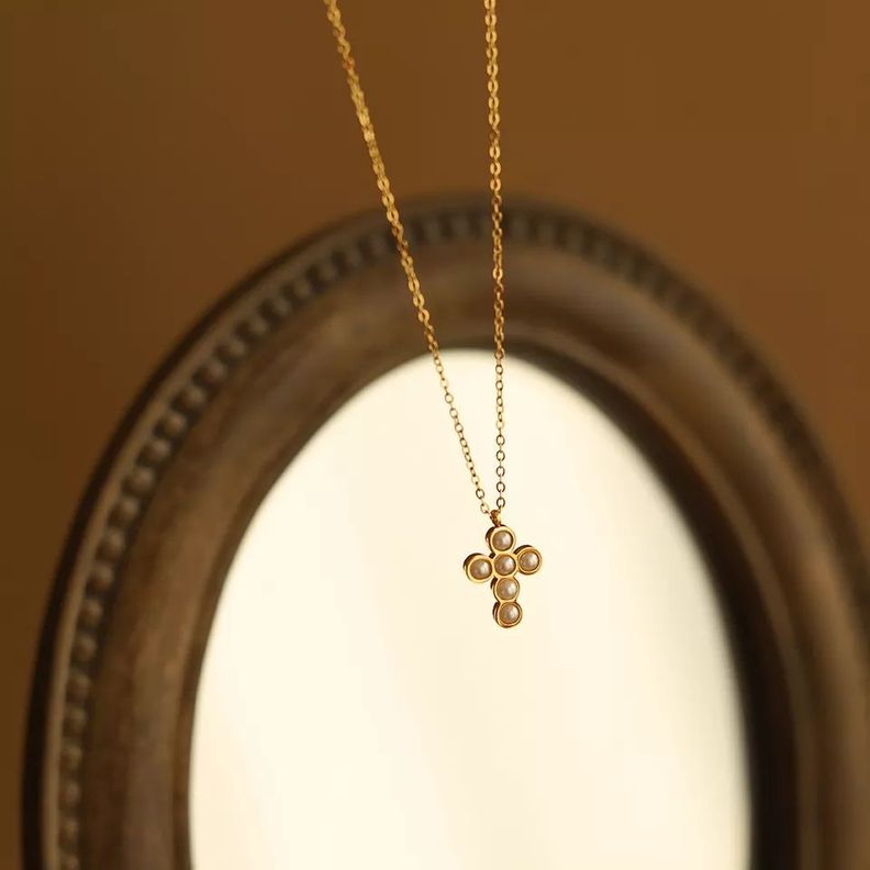 Collar Cruz De Perlas Oro 18kt Exclusivo Bañado-3