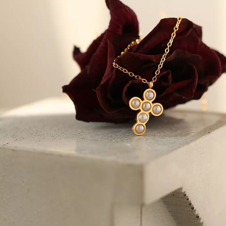 Collar Cruz De Perlas Oro 18kt Exclusivo Bañado-6