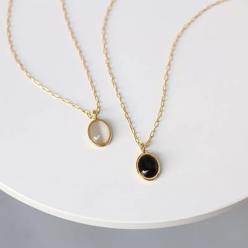 Collar Oro 18kt baño Con Dije De Piedra Pulida Exclusivo - Negro-1