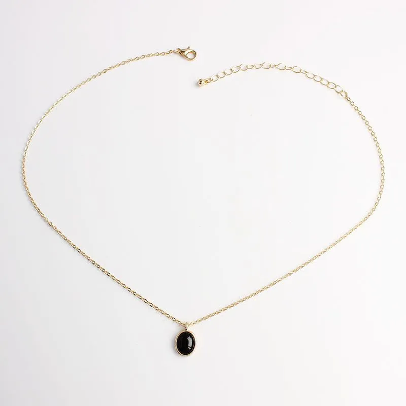 Collar Oro 18kt baño Con Dije De Piedra Pulida Exclusivo - Negro-0
