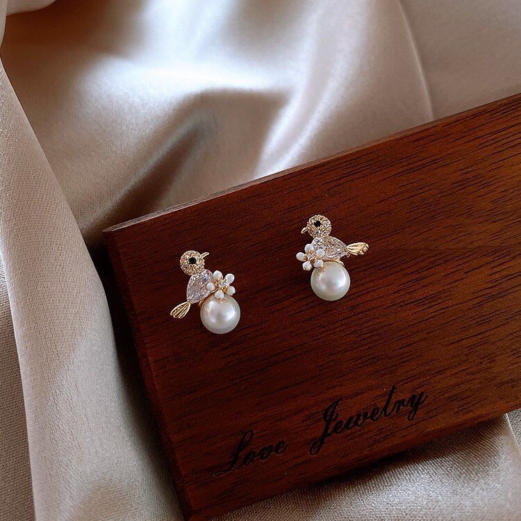 Joyas Aros De Ave Perla Baño Cristal Oro 18kt -1