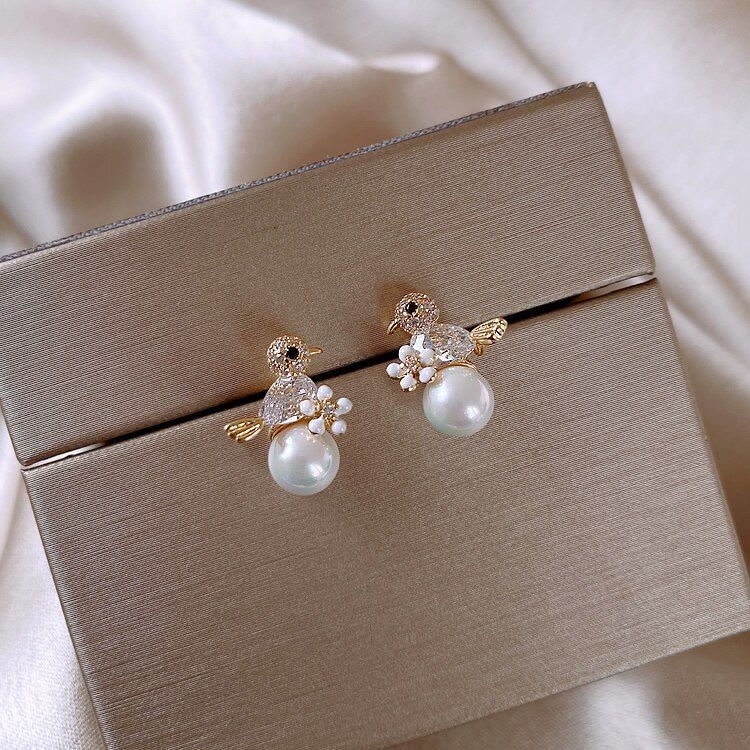 Joyas Aros De Ave Perla Baño Cristal Oro 18kt -3