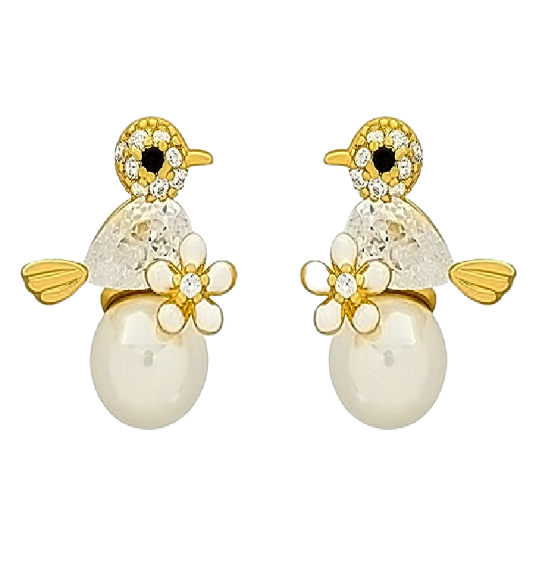 Joyas Aros De Ave Perla Baño Cristal Oro 18kt -0