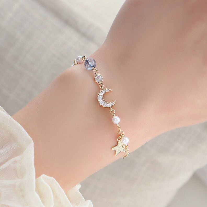 Pulsera Luna Con Cristal Perlas Baño Oro Amarillo 18kt-2
