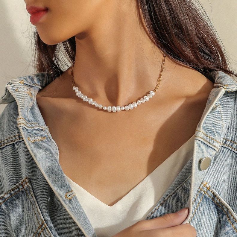 Collar Perlas Asimétrica Baño Oro 18kt sello 18k -1