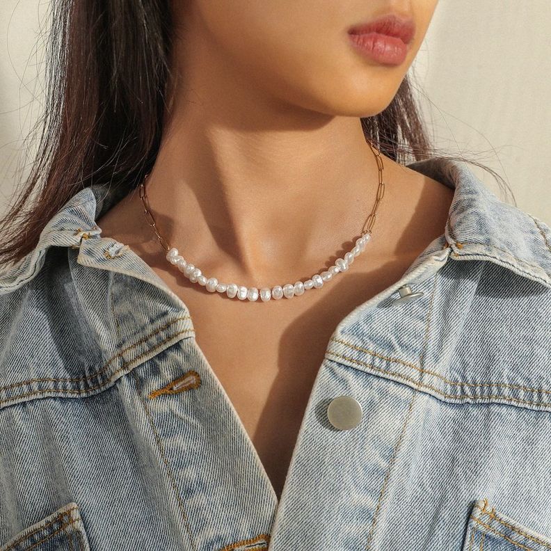 Collar Perlas Asimétrica Baño Oro 18kt sello 18k -3