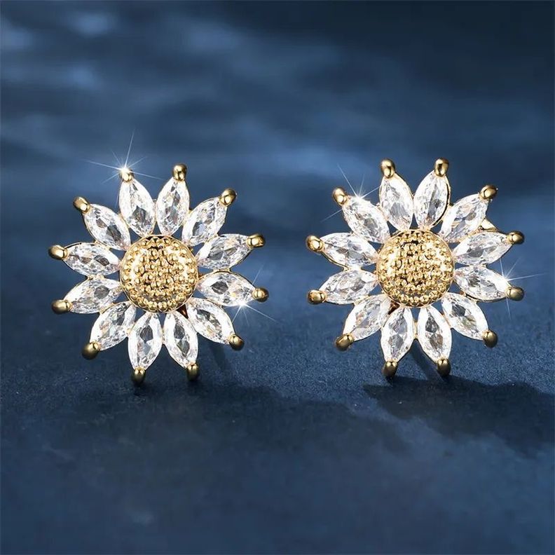 Aros Flor Girasol De Cristales Oro 18kt -exclusivo bañado-2
