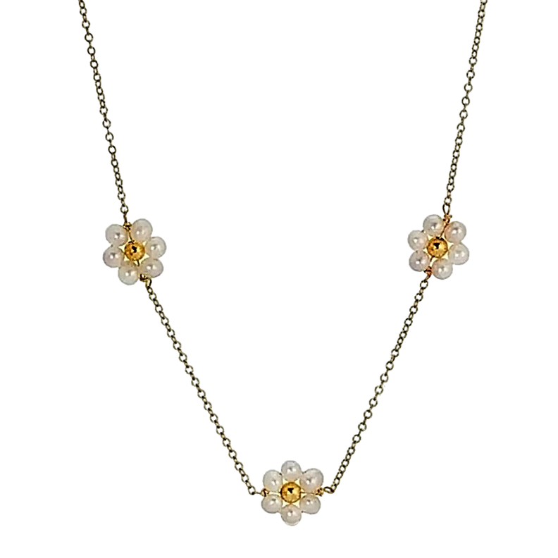 Collar Perlas Flor Margaritas Juvenil Baño Oro 18kt-0