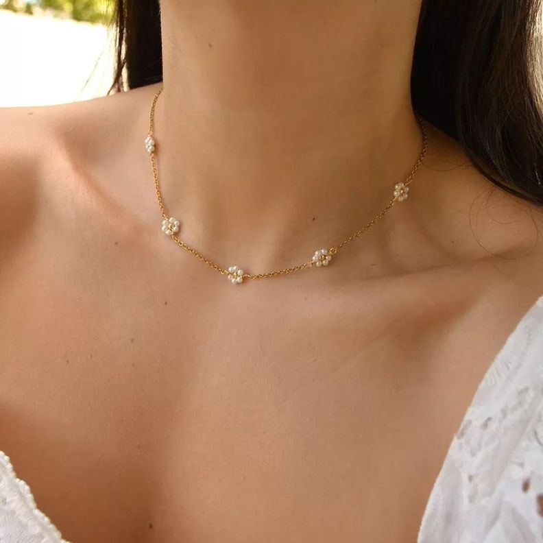 Collar Perlas Flor Margaritas Juvenil Baño Oro 18kt-1