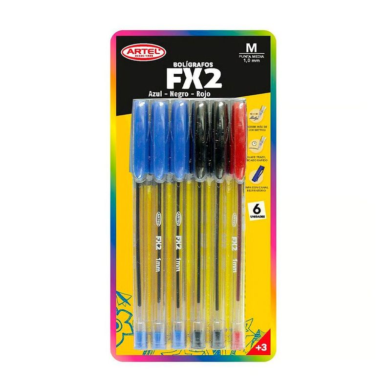 Set 6 Bolígrafos Fx2 1.0mm (azul, rojo, negro) Artel-0