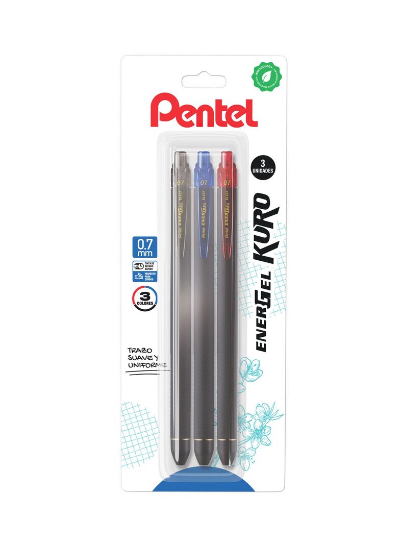 Set 3 Bolígrafos Gel Retráctil Kuro 0.7mm (azul, negro, rojo) Pentel-0