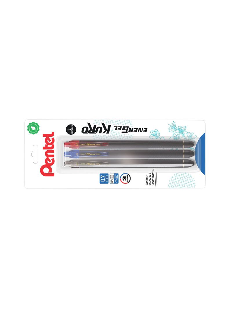Set 3 Bolígrafos Gel Retráctil Kuro 0.7mm (azul, negro, rojo) Pentel-1
