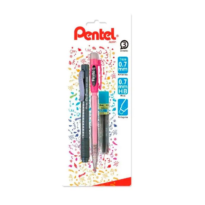 Set Portaminas Fiesta 0.7mm + Minas + Portagoma Pentel-0
