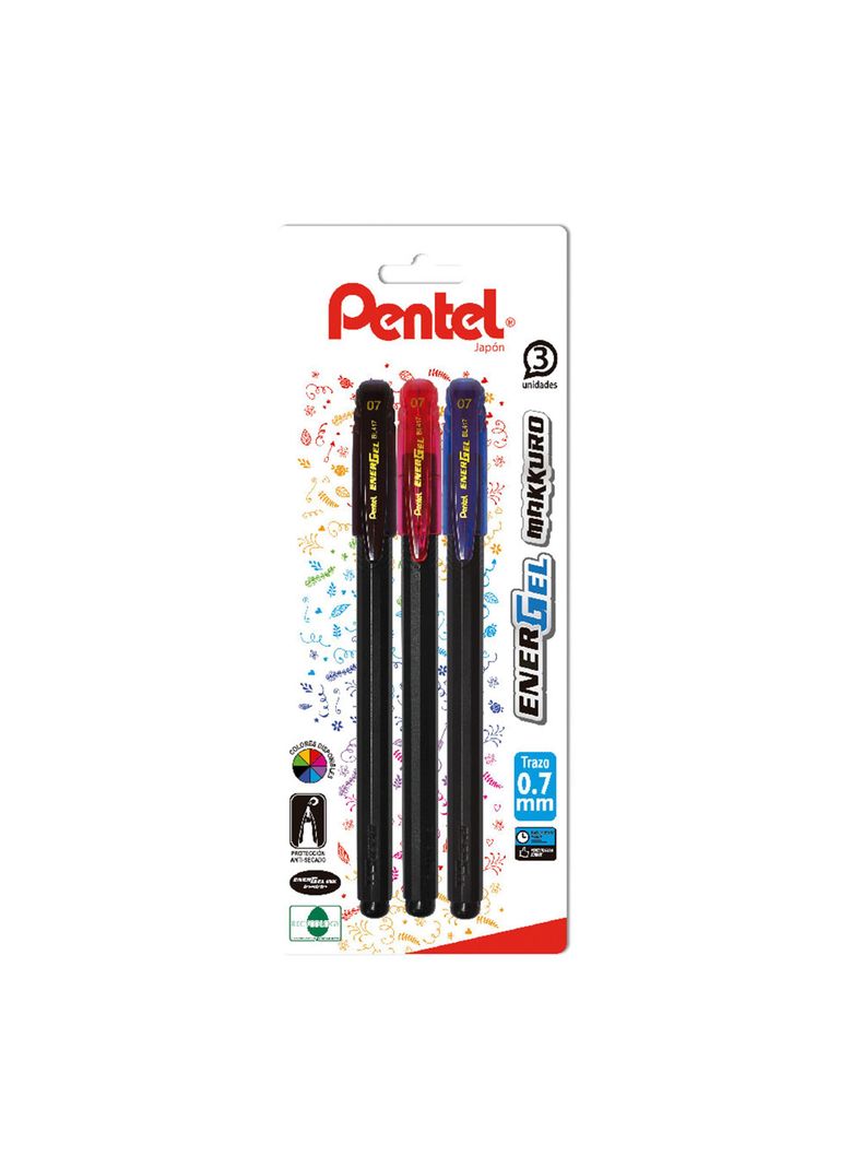Set 3 Lápices Gel Makkuro 0.7mm (azul, negro, rojo) Pentel-0