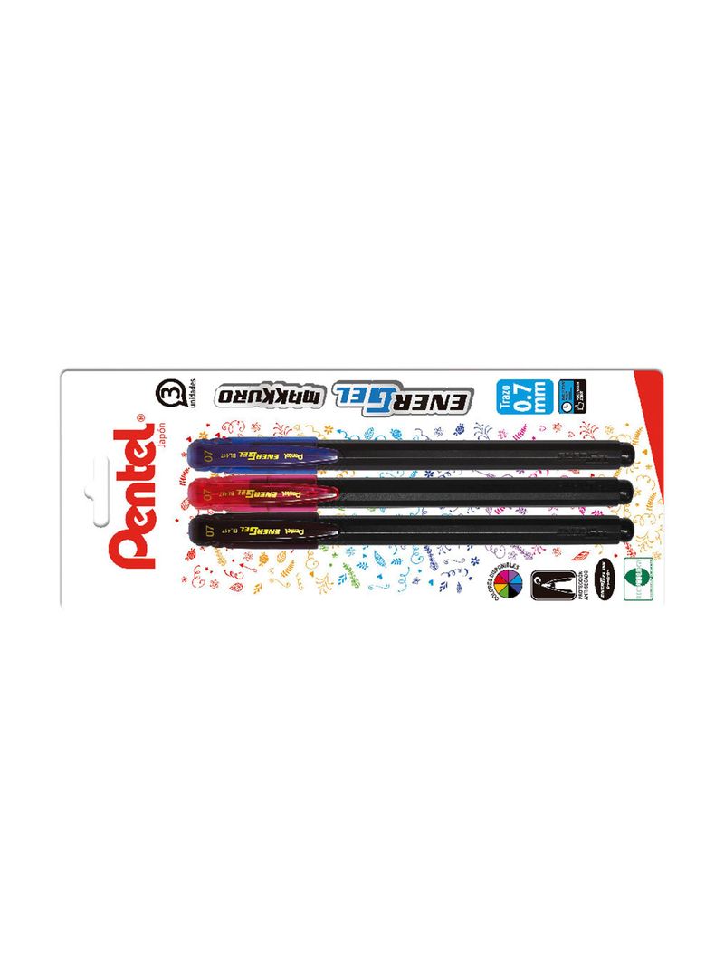 Set 3 Lápices Gel Makkuro 0.7mm (azul, negro, rojo) Pentel-1