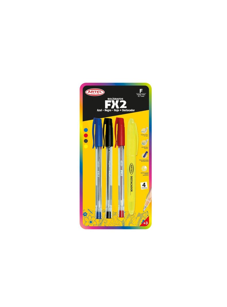 Set 3 Bolígrafos Fx2 0.7mm (azul, rojo, negro) + Destacador Artel-0