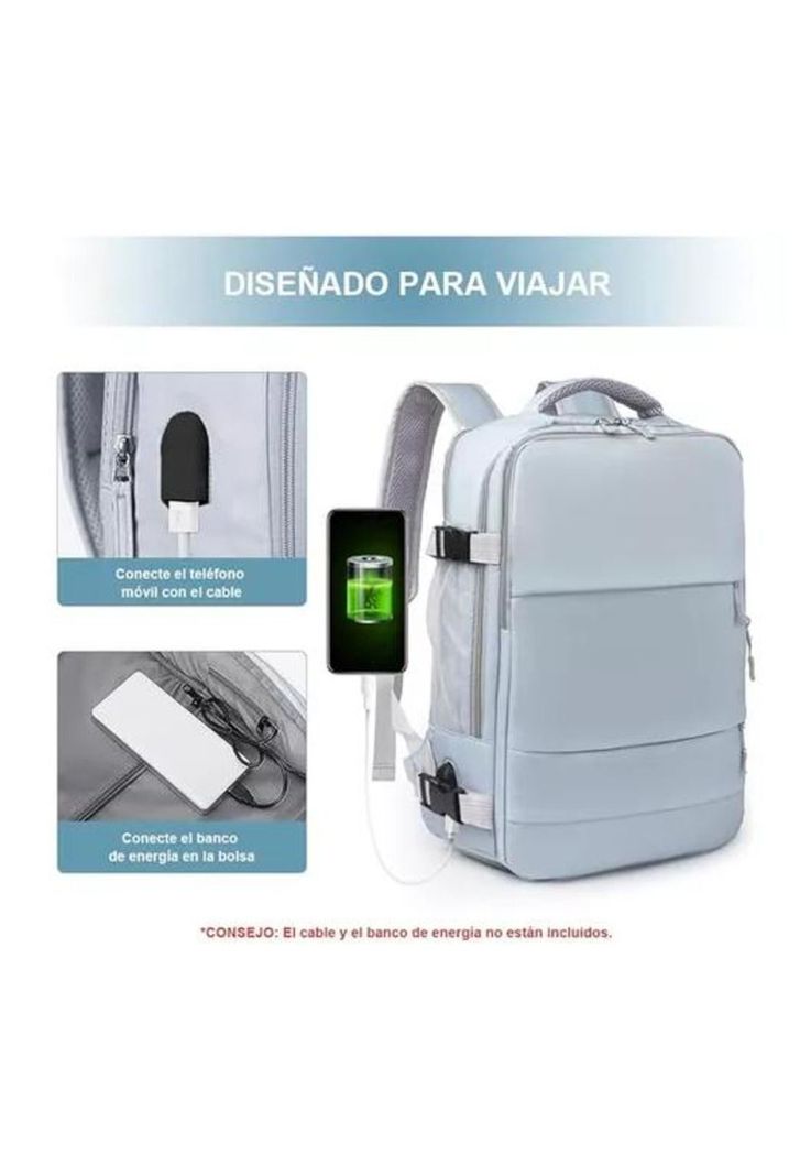 Mochila de Viaje para Cabina de Avión - Impermeable con USB - Color Gris-1