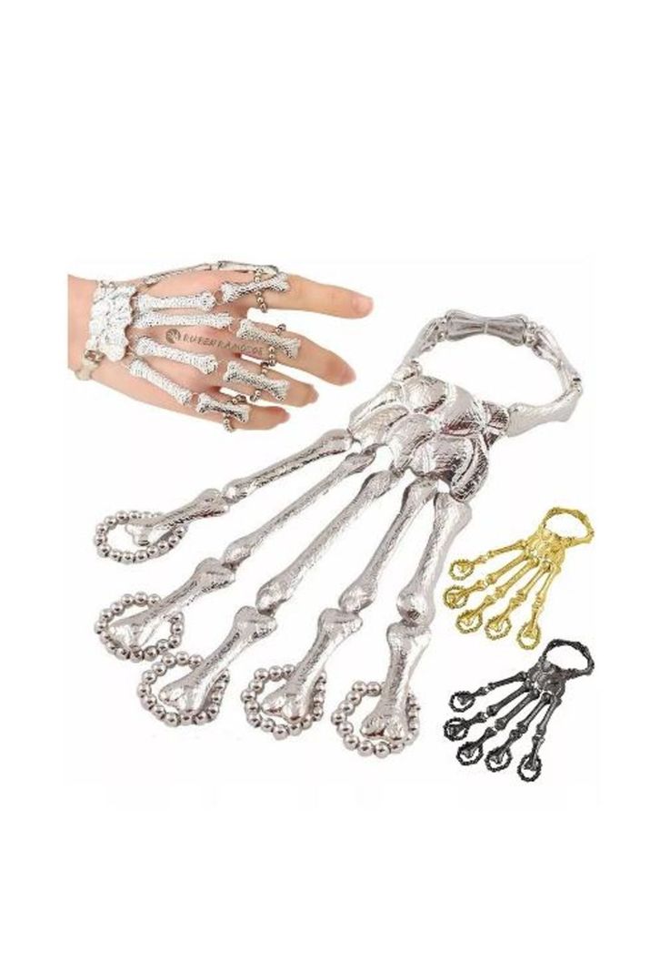 Anillo y pulsera con calavera punk, color plata-2