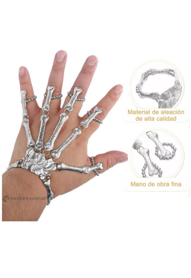 Anillo y pulsera con calavera punk, color plata-3