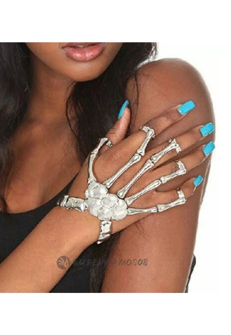 Anillo y pulsera con calavera punk, color plata-4