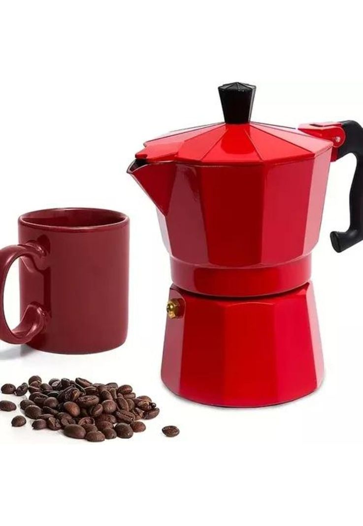 Cafetera italiana de 6 tazas de aluminio, café desayuno rojo-0