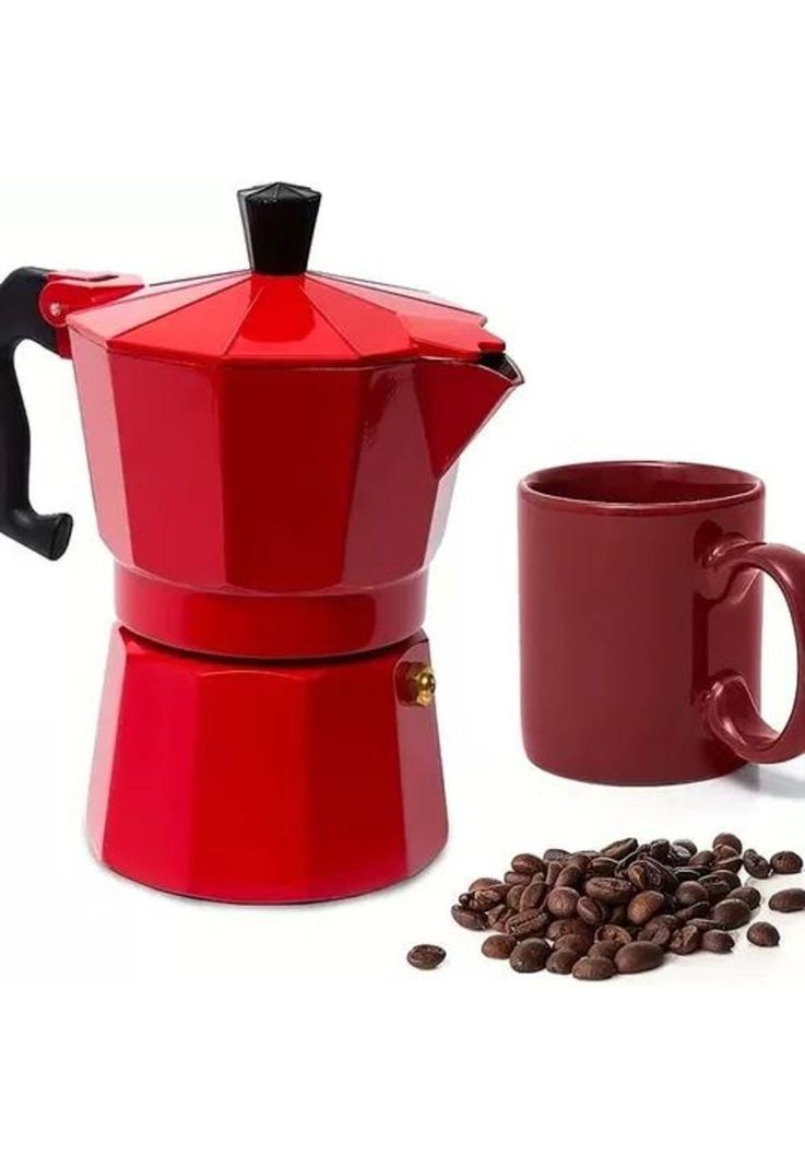 Cafetera italiana de 6 tazas de aluminio, café desayuno rojo-1