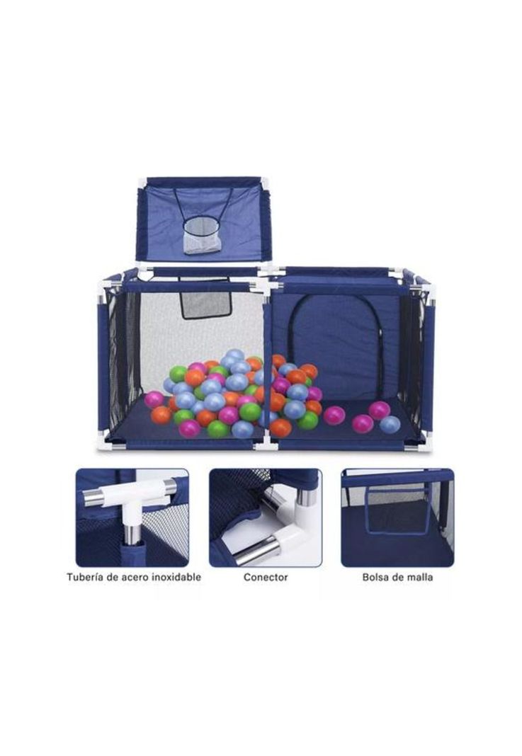 Corral de seguridad para niños cuadrado con aro de basket, azul-1