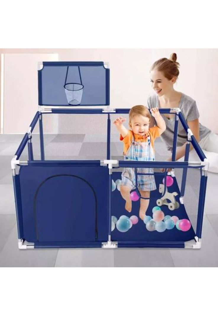 Corral de seguridad para niños cuadrado con aro de basket, azul-2
