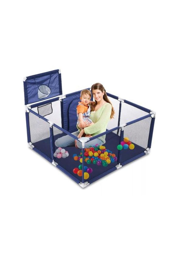 Corral de seguridad para niños cuadrado con aro de basket, azul-3