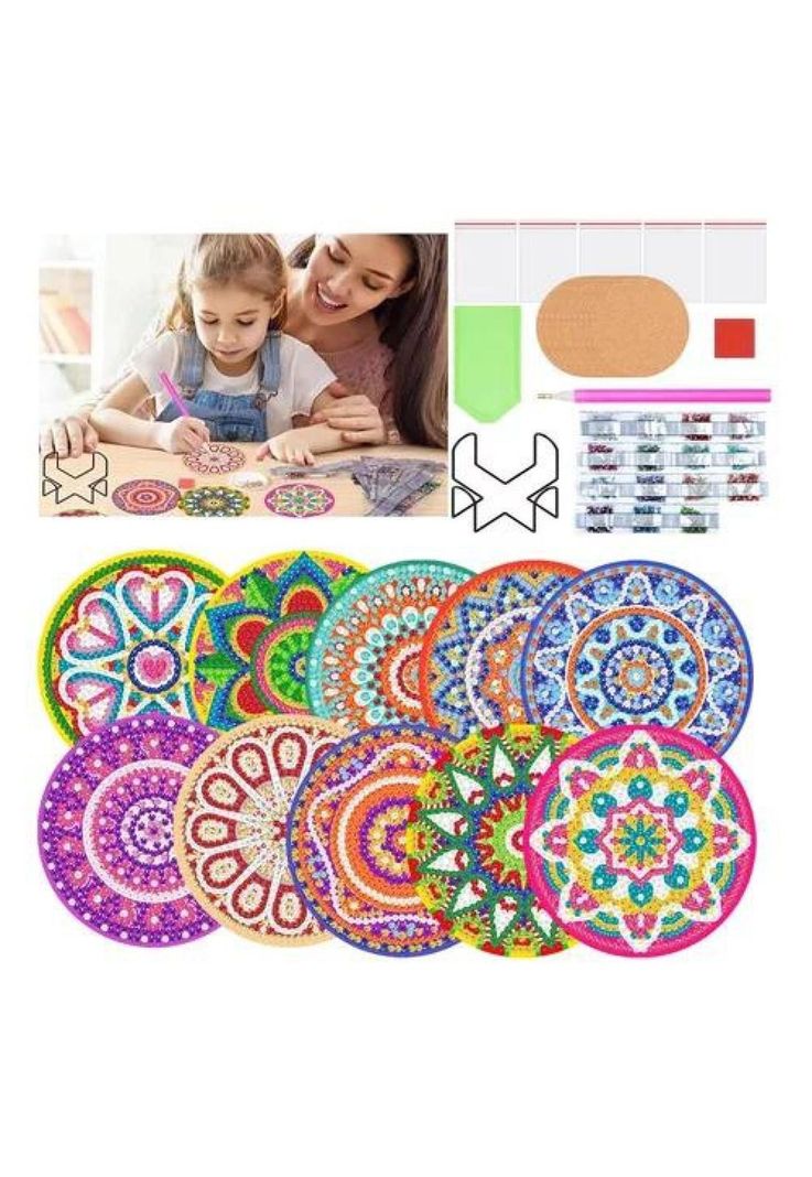 Kit de 10 posavasos de pintura diamante 5D, estilo mandala, 10 cm-0