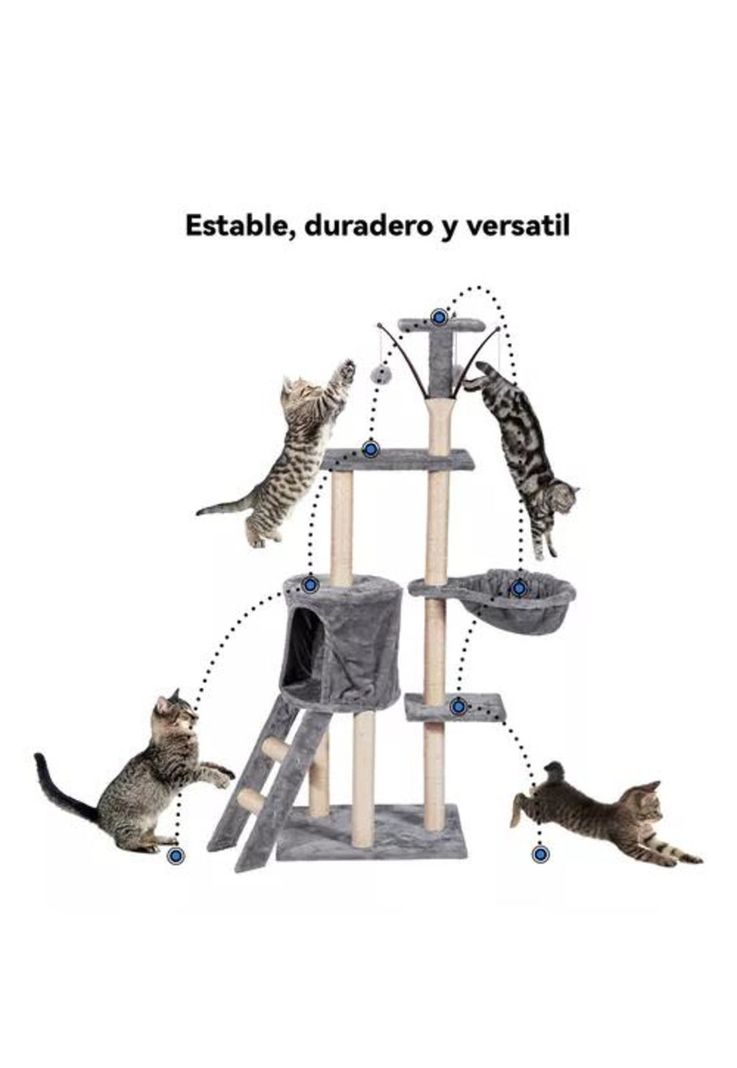 Torre rascador yute arbol gatos pompones escalera gris color-1