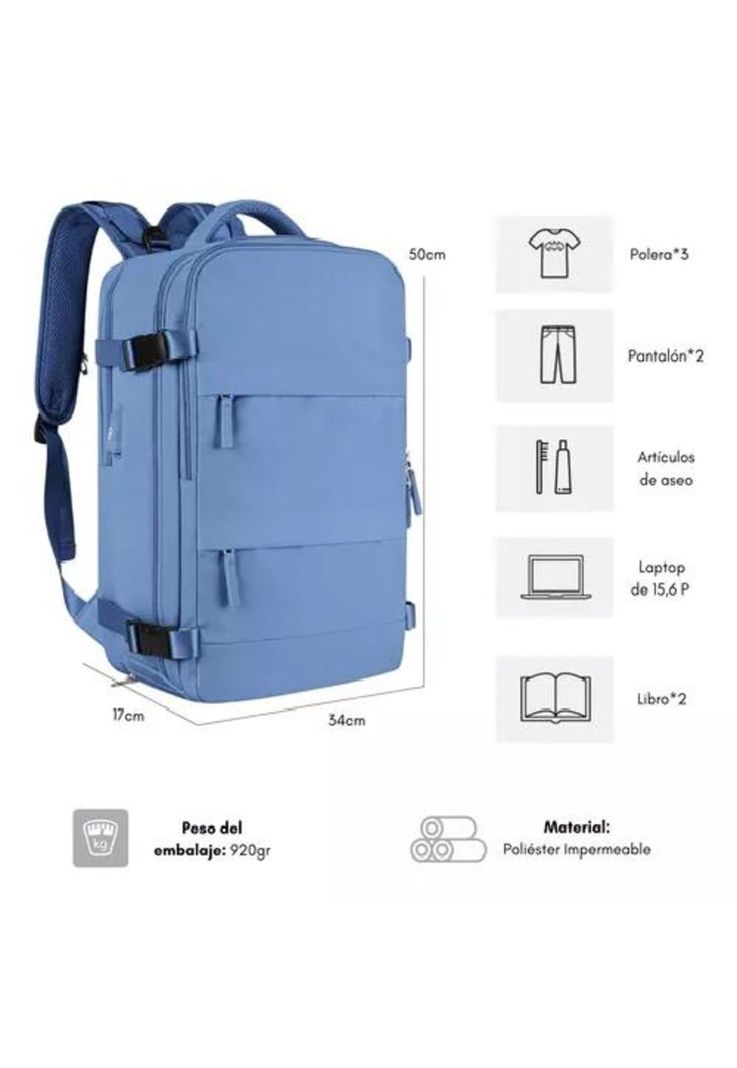 Mochila de viaje para avión, multifuncional, gran capacidad, 30 lts, color celeste-2