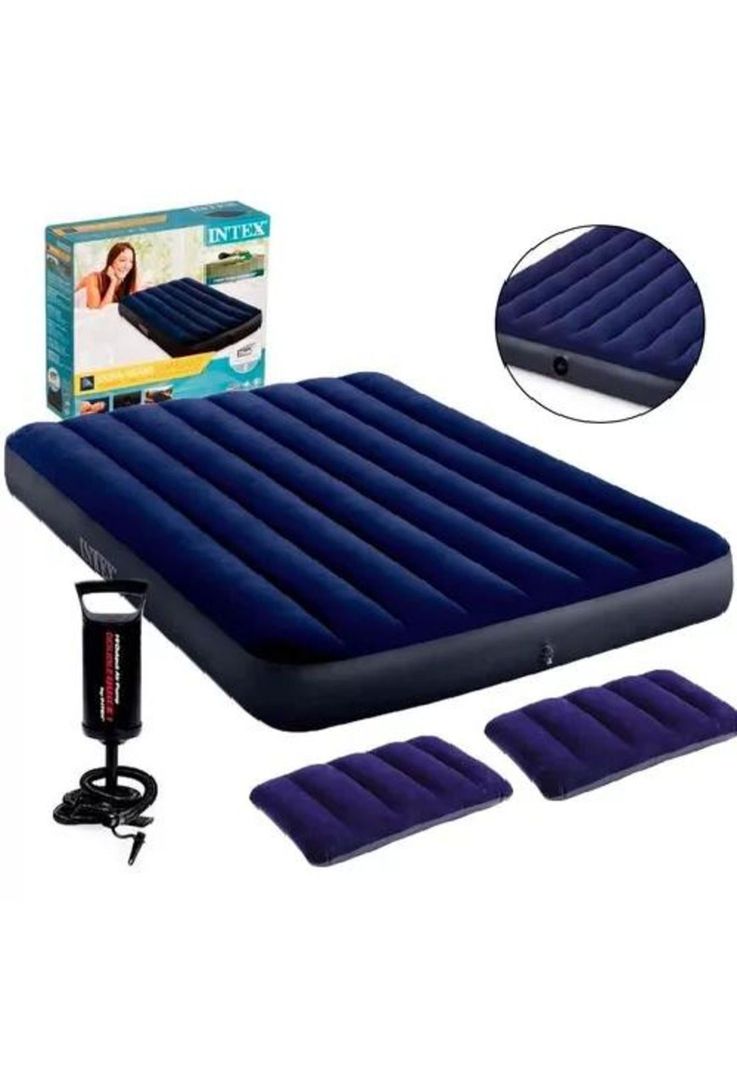 Colchón inflable para campismo, bomba, 2 almohadas, queen, color azul-0