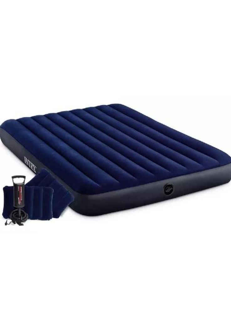 Colchón inflable para campismo, bomba, 2 almohadas, queen, color azul-2