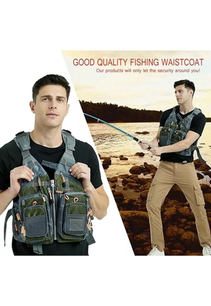 Chaleco de pesca con mochila salvavidas pescador mosca, gris-3