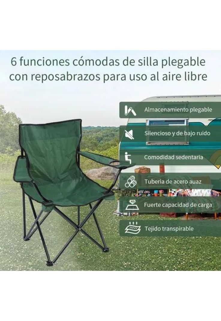 Silla plegable de playa camping con bolso de porta vasos verde-3