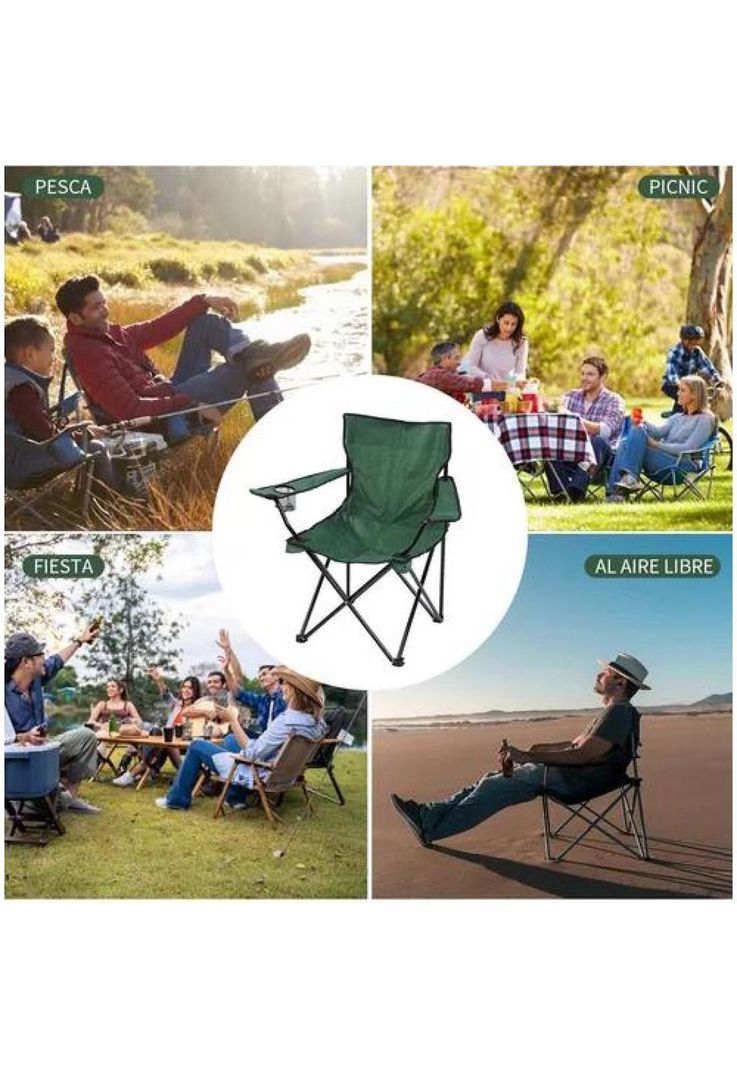 Silla plegable de playa camping con bolso de porta vasos verde-5